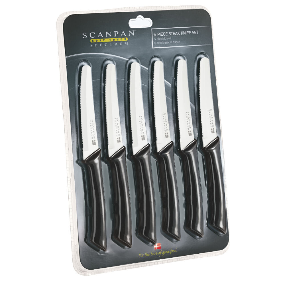 SCANPAN SPECTRUM 6 piece BLACK STEAK KNIVES Rounded Serrated 6pc Knife