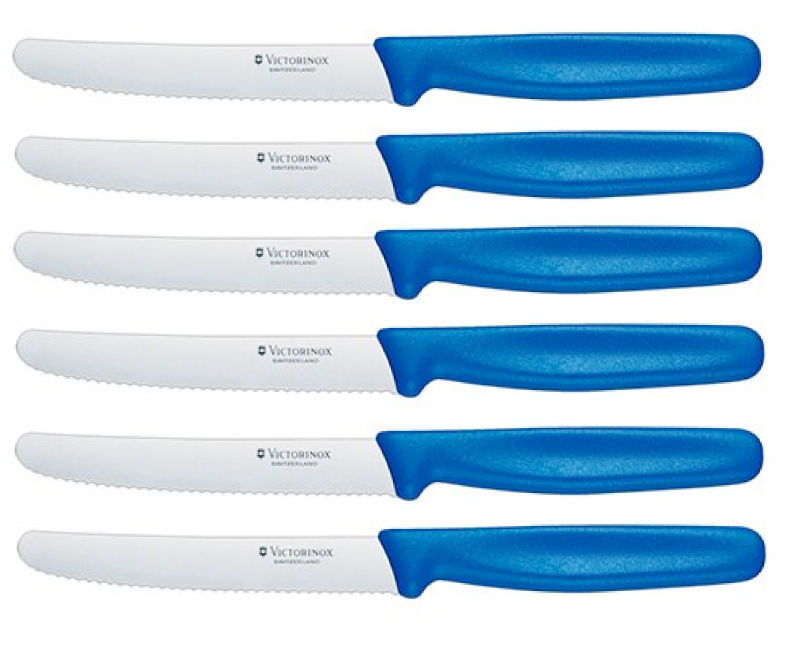 VICTORINOX STEAK KNIVES SET OF 6 ERGONOMIC SERRATED ROUND TIP BLUE