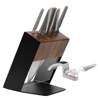 Global Katana 6pc Kitchen Knife Block Set Knives Walnut & Minosharp Sharpener
