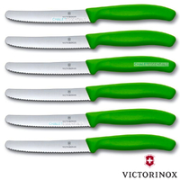 6 x VICTORINOX Steak Knives & Tomato 11cm Knife Pistol Grip GREEN Knife Swiss FREE SHIPPING