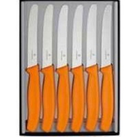 VICTORINOX STEAK KNIVES GIFT BOX SET OF 6 ROUND TIP PISTOL GRIP ORANGE SAVE ! 