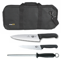 4PC CHEF STARTER KNIFE SET BLK BAG + VICTORINOX COOKS 15CM + 20CM KNIVES + STEEL