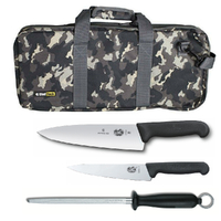 4pc Chef Starter Knife Set Camo Bag & Victorinox 15cm Cook & 20cm Knives & Steel 