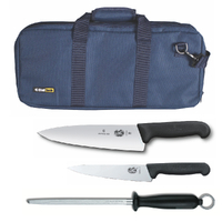 4PC CHEF STARTER KNIFE SET BLUE BAG + VICTORINOX COOK 15CM + 20CM KNIVES + STEEL