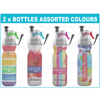 New 2 x 02 COOL MIST 'N' SIP 20oz 590ml DRINK BOTTLE WATERCOLOUR 02COOL O2COOL