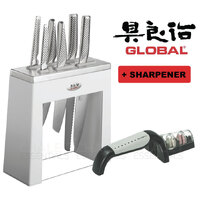 New GLOBAL KABUTO White Shiro 7pc + Sharpener Knife Block Set Japanese Knives