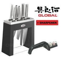 New GLOBAL KABUTO Black 7pc + Sharpener Knife Block Set Japanese Knives