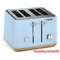 New MORPHY RICHARDS Scandi Aspect BLUE 4 Slice Toaster W/ Wood Trim 240008 Tray