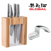 Global Teikoku Ikasu 5pc Knife Block Set & Minosharp Sharpener - Made In Japan
