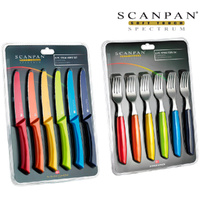 SCANPAN SPECTRUM 12 piece COLOURED Serrated STEAK KNIVES & FORK Set 12pc Knife