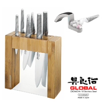 New GLOBAL 7 Piece IKASU & Mino SHARPENER Knife Block Set 7pc 