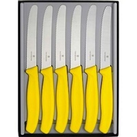 VICTORINOX STEAK KNIVES GIFT BOX SET OF 6 ROUND TIP PISTOL GRIP YELLOW SAVE !
