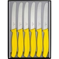 VICTORINOX STEAK KNIVES GIFT BOX SET OF 6 ROUND TIP PISTOL GRIP YELLOW SAVE ! 