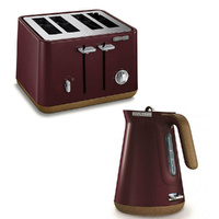 MORPHY RICHARDS ASPECT 4 SLICE TOASTER + CORDLESS KETTLE W/ CORK TRIM MAROON