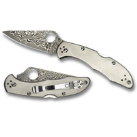 New SPYDERCO DELICA 4 Titanium Damascus Plain Blade Folding Knife 