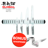 New GLOBAL 5pc Chefs Knife Set & Magnetic Rack & MINO Sharpener
