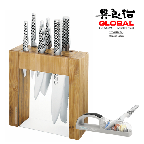 New Global Ikasu 7 Piece Knife Block Set & 3 Stage Mino Sharpener 