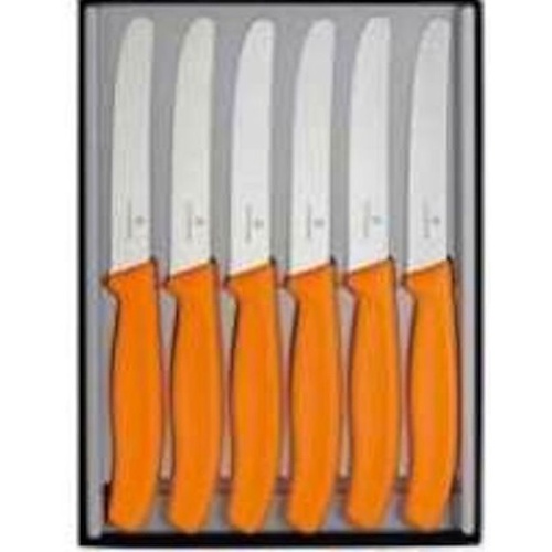 VICTORINOX STEAK KNIVES GIFT BOX SET OF 6 ROUND TIP PISTOL GRIP ORANGE SAVE ! 