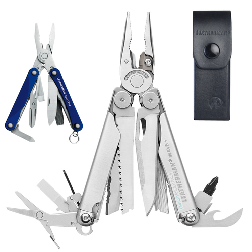 New Leatherman WAVE PLUS + Stainless Steel Multi Tool & Leather Sheath & Squirt Blue