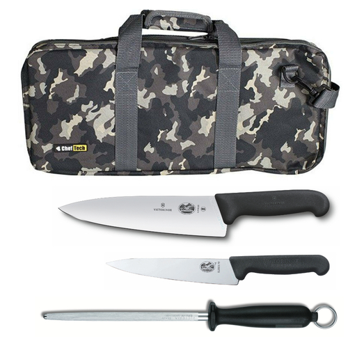 4PC CHEF STARTER KNIFE SET CAMO BAG + VICTORINOX COOK 15CM + 20CM KNIVES + STEEL
