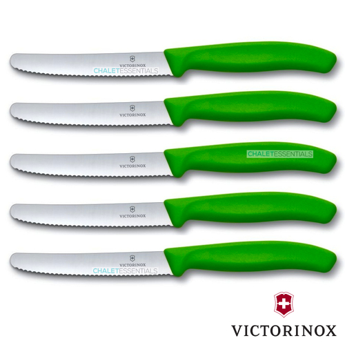5 x VICTORINOX Steak Knives & Tomato 11cm Knife Pistol Grip GREEN Knife Swiss FREE SHIPPING