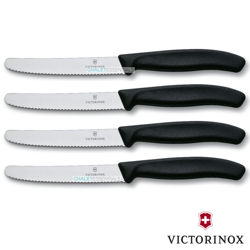 4 x VICTORINOX Steak Knives & Tomato 11cm Knife Pistol Grip BLACK Knife Swiss FREE SHIPPING