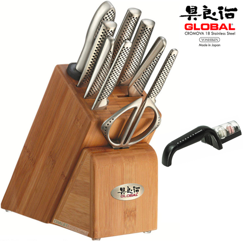 Global Takashi 10 Piece Knife Block Set + Global 2 Stage Sharpener White 10pc Knives