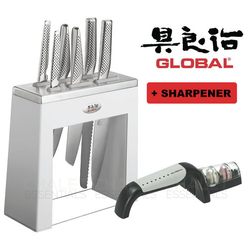 New GLOBAL KABUTO White Shiro 7pc + Sharpener Knife Block Set Japanese Knives