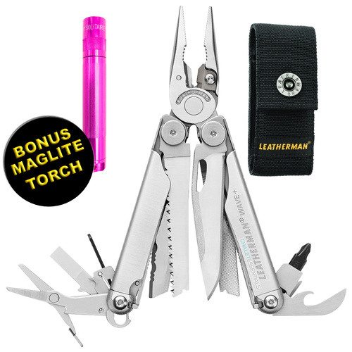 Leatherman WAVE PLUS + Stainless Steel Multi Tool & Nylon Sheath & Bonus Torch