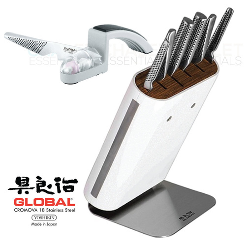 New GLOBAL HIRO WHITE 7pc Knife Block Set + Sharpener Knife Block Set Japan