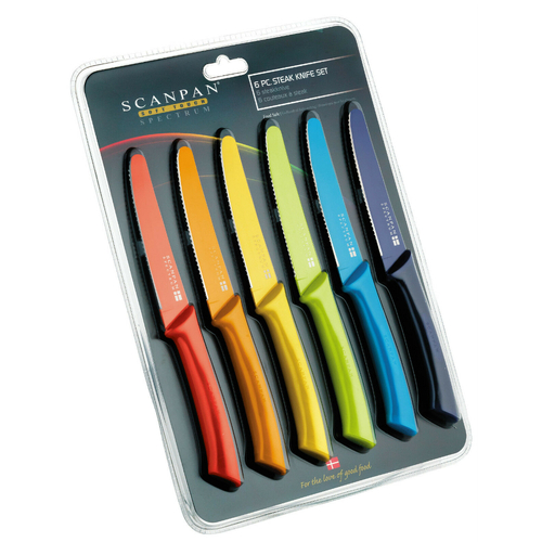SCANPAN SPECTRUM 6 piece COLOURED STEAK KNIVES Rounded Serrated 6pc Knife 