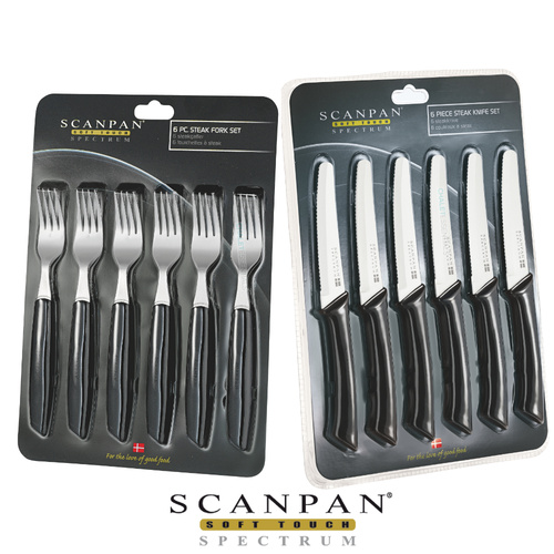 SCANPAN SPECTRUM 12 piece BLACK Serrated STEAK KNIVES & FORK Set 12pc Knife