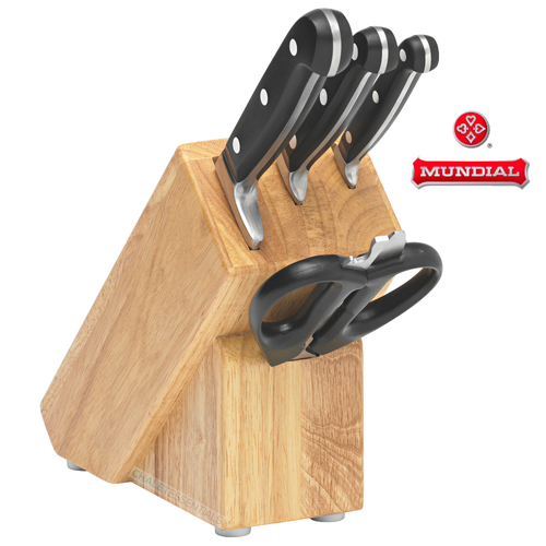 New MUNDIAL 5pc Knife Wooden Block Set 5 Piece 70005 Stainless Steel Scissors