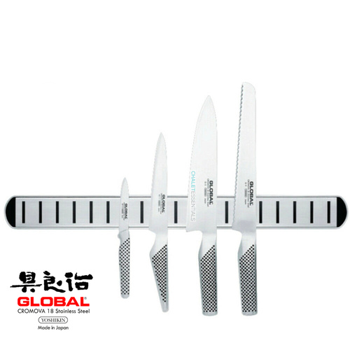 New GLOBAL 5pc Knife Set & Magnetic Rack Chef Paring Bread Utility Cooks Japan