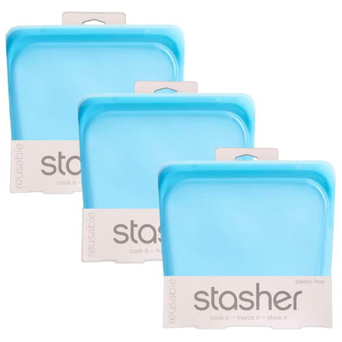 Stasher 3pc Sandwich Reusable Snack Bag Cook Freeze Store 3-In-1 , Blue 828ml