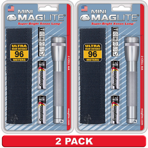 NEW 2 PACK X MAGLITE 2AA CELL SILVER FLASHLIGHT WITH POUCH MADE IN USA
