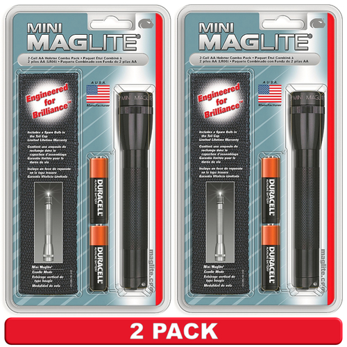 NEW 2 PACK X MAGLITE 2AA CELL BLACK FLASHLIGHT WITH POUCH MADE IN USA