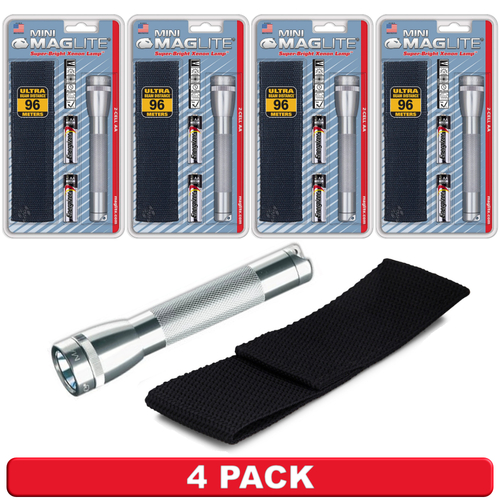 NEW 4 PACK X MAGLITE 2AA CELL SILVER FLASHLIGHT WITH POUCH MADE IN USA