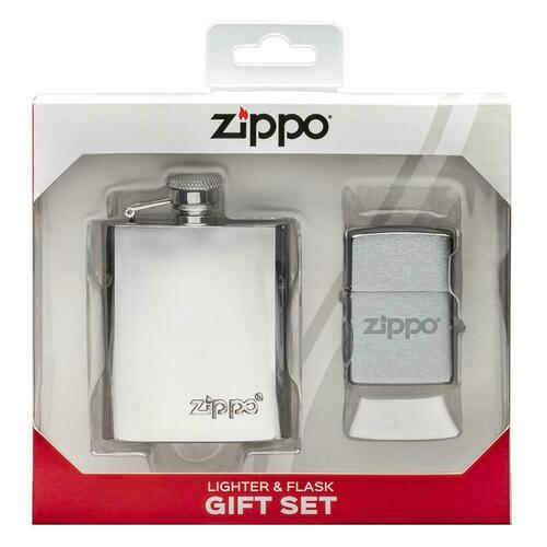 New Zippo Brushed Chrome Lighter And Flask Gift Set
