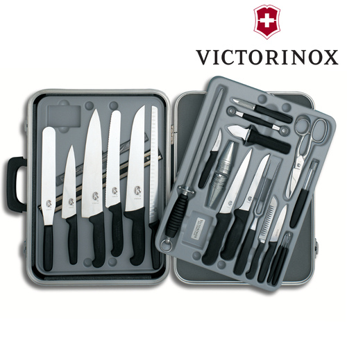 NEW VICTORINOX LARGE CHEFS CASE OF KNIVES FIBROX BLACK HANDLES 5.4923