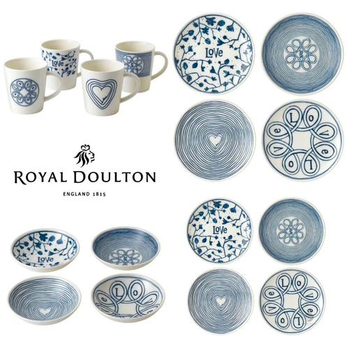 Royal Doulton 16pc ED Ellen DeGeneres Blue Love Dinner Set of 16 Mug Bowl Plate