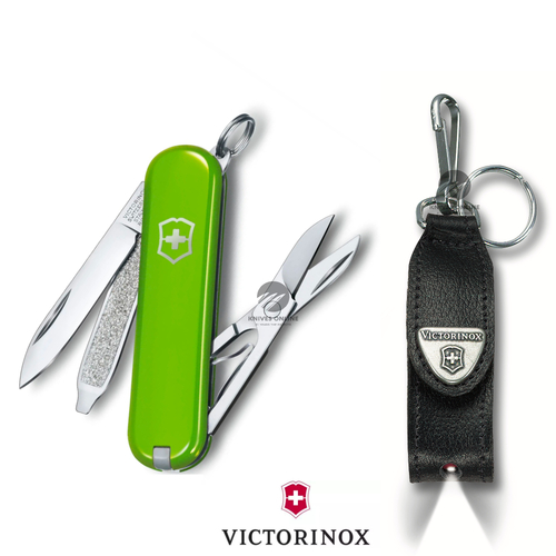 Victorinox Swiss Army Knife Classic SD Smashed Avocado + Leather Pouch Bundle