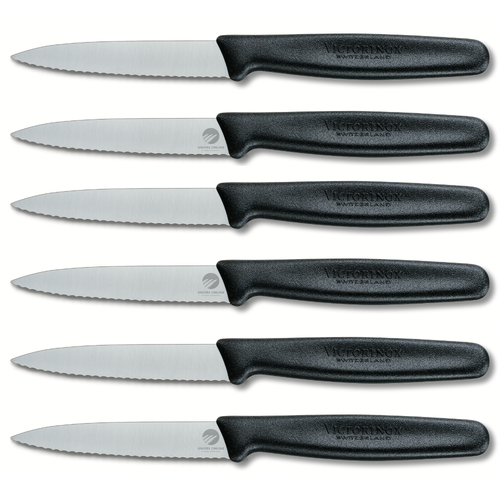 Victorinox 6pc Paring Knife Set of 6 , Serrated Edge Pointed Tip , Black 5.0633