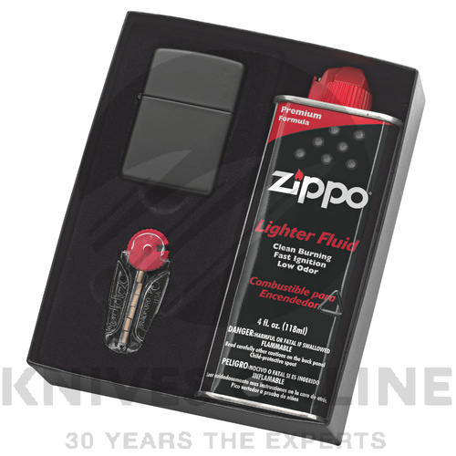 NEW ZIPPO MATTE BLACK LIGHTER WITH FLUIDS + FLINTS 90218GP GIFT BOX  FREE POST
