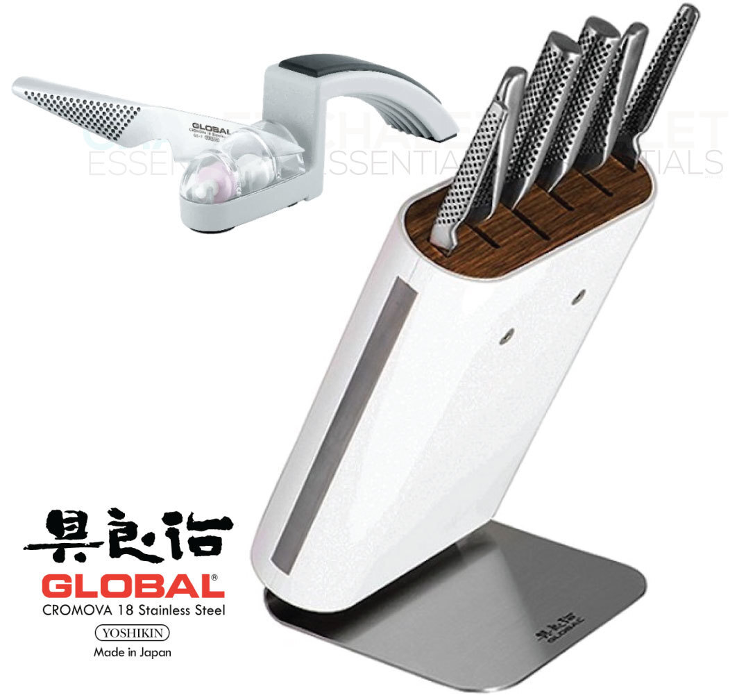 New GLOBAL HIRO WHITE 7pc Knife Block Set + Sharpener Knife Block Set