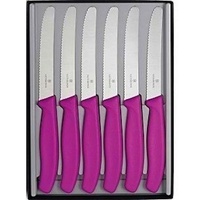 VICTORINOX STEAK KNIVES GIFT BOX SET OF 6 ROUND TIP PISTOL GRIP PINK SAVE ! 