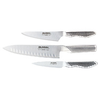 Global 3pc Kitchen Knife Set - 9cm Paring , 20cm Cooks Fluted , 13cm Cooks - 79630 