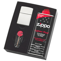 Zippo #250 High Polished Chrome Lighter Gift Set  W/ Fluid & Flints