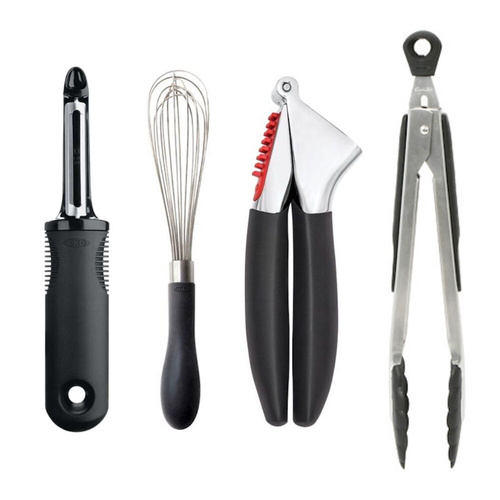 OXO Good Grips 4pc Kitchen Essentials Tool Set 4 Piece - Whisk Garlic Press Tongs Peeler