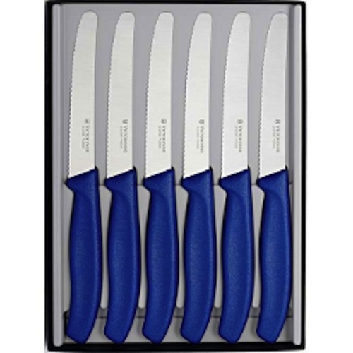 VICTORINOX Steak Knives Pistol Grip BLUE Set of 6 Round Tip FREE POSTAGE BNIB  